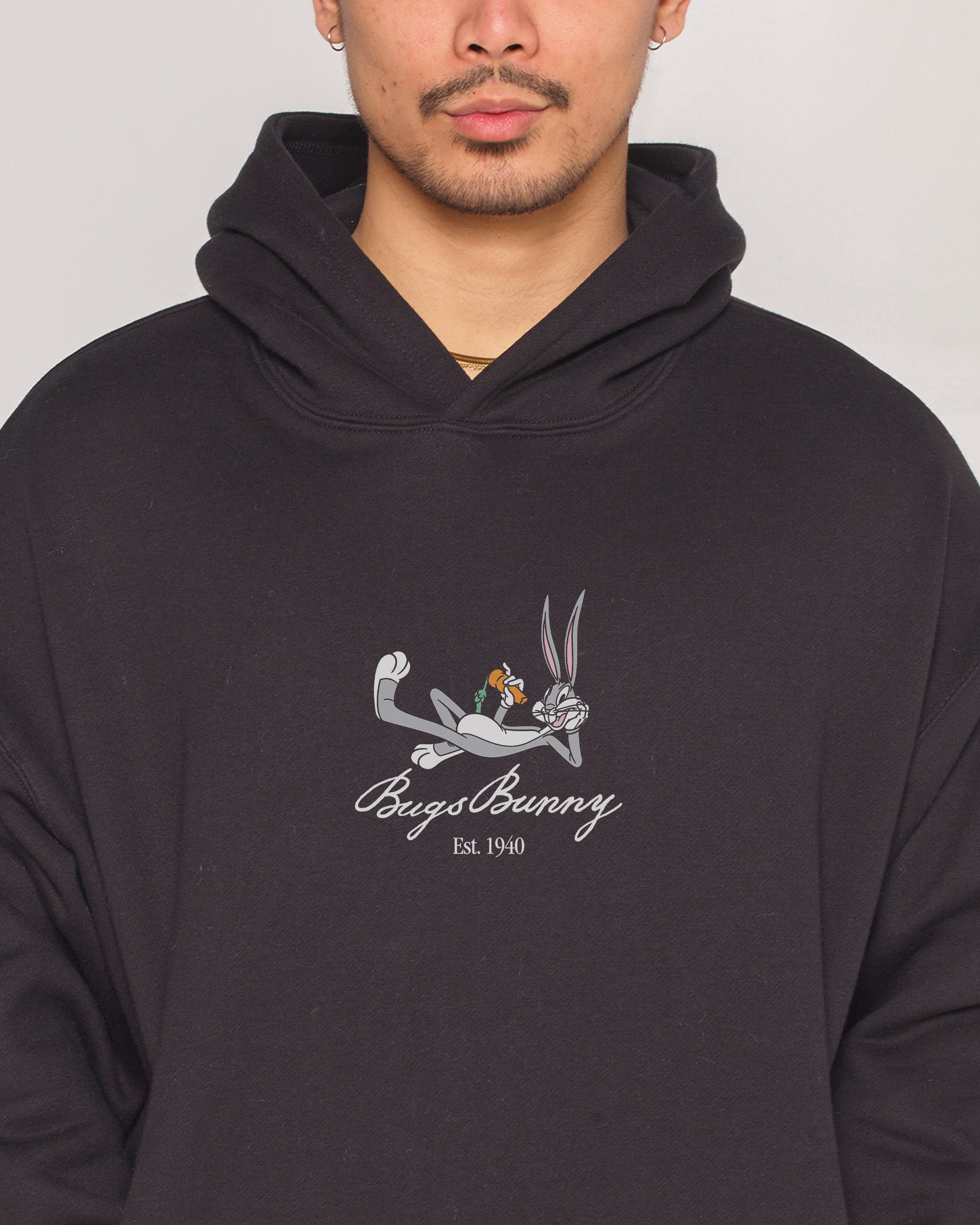 Bugs Bunny Book Crash Unisex Hoodie - Looney Tunes 90s Boxy Fit 340gsm Cotton Polyester