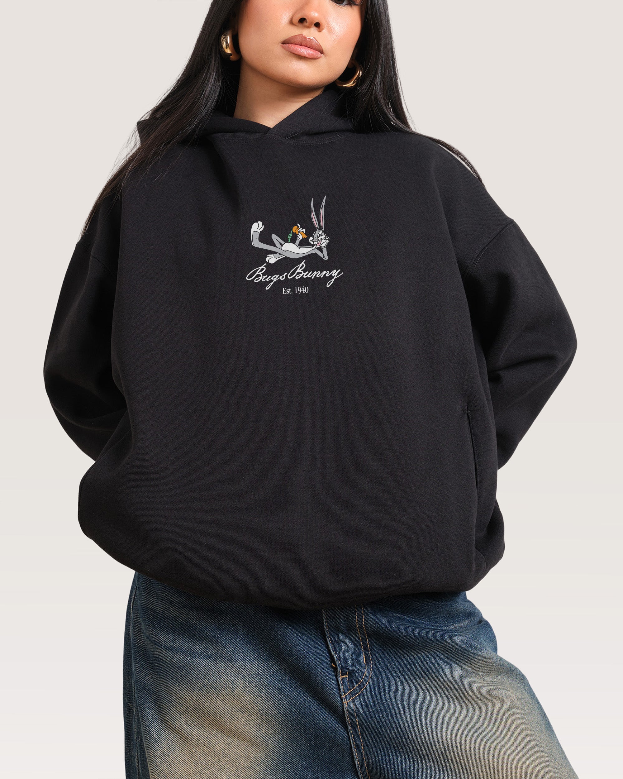 Bugs Bunny Book Crash Unisex Hoodie - Looney Tunes 90s Boxy Fit 340gsm Cotton Polyester