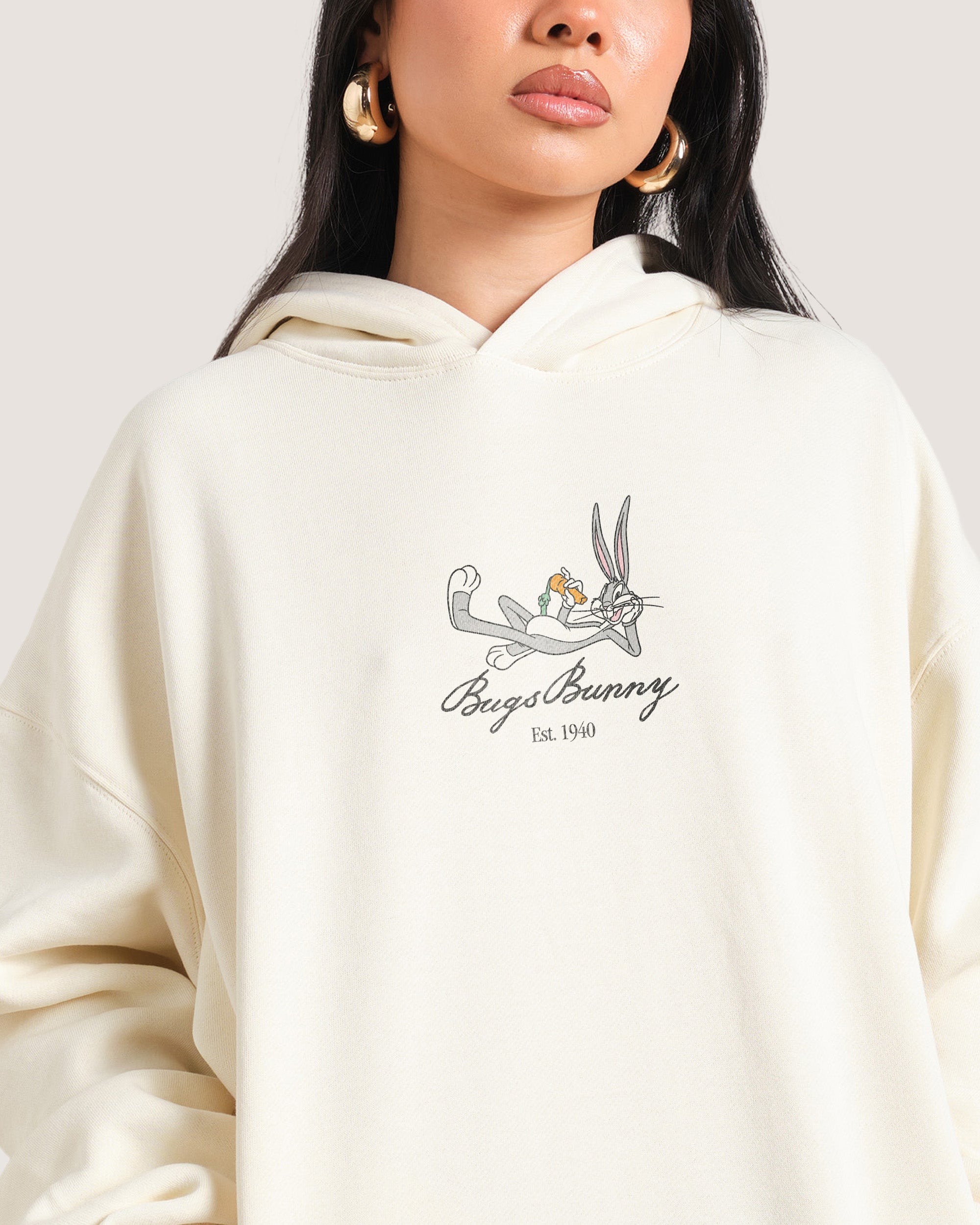 Bugs Bunny Book Crash Unisex Hoodie - Looney Tunes 90s Boxy Fit 340gsm Cotton Polyester