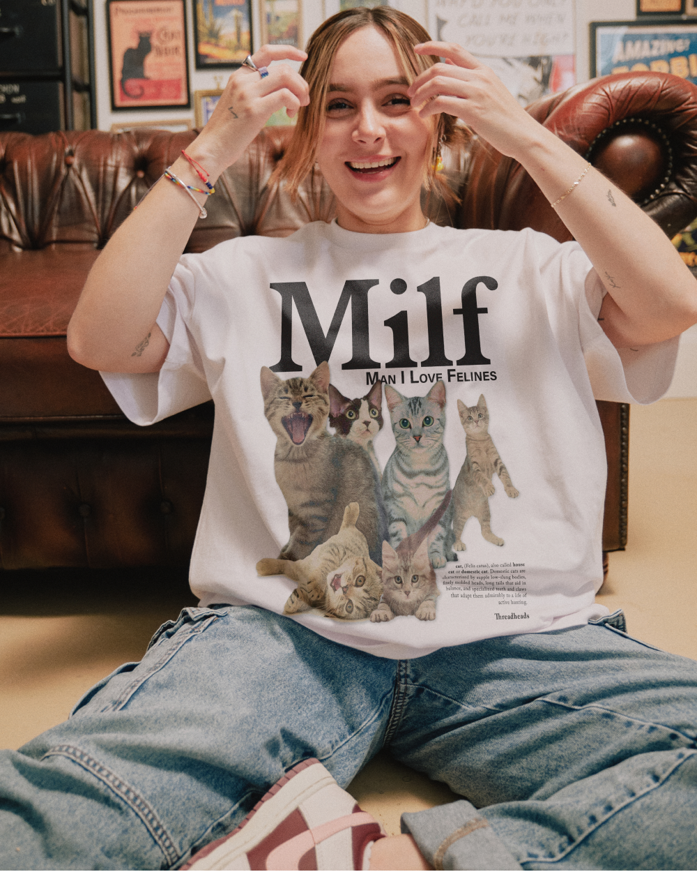 Man I Love Felines Oversized Graphic Tee Unisex 90s Boxy Fit 100% Combed Cotton