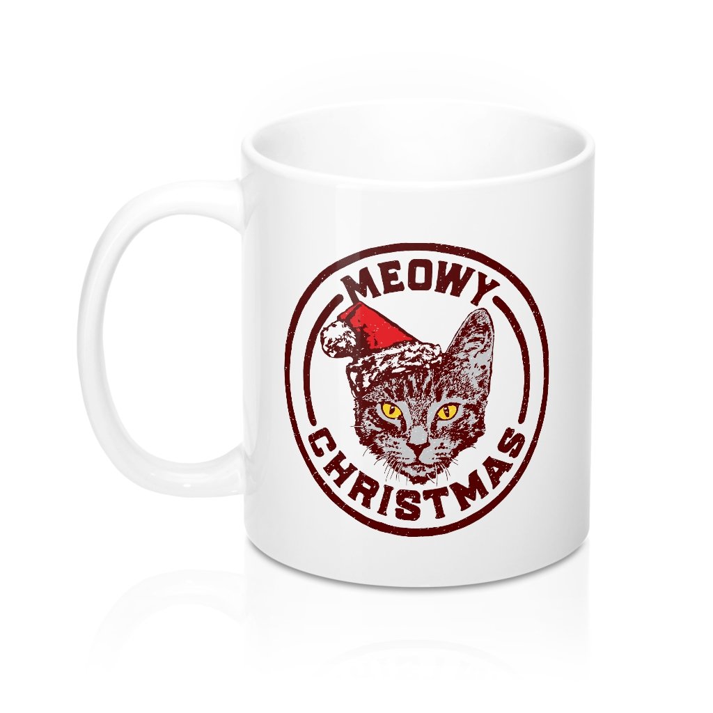 Meowy Christmas Coffee Mug - Catnip Pun White Ceramic 11oz