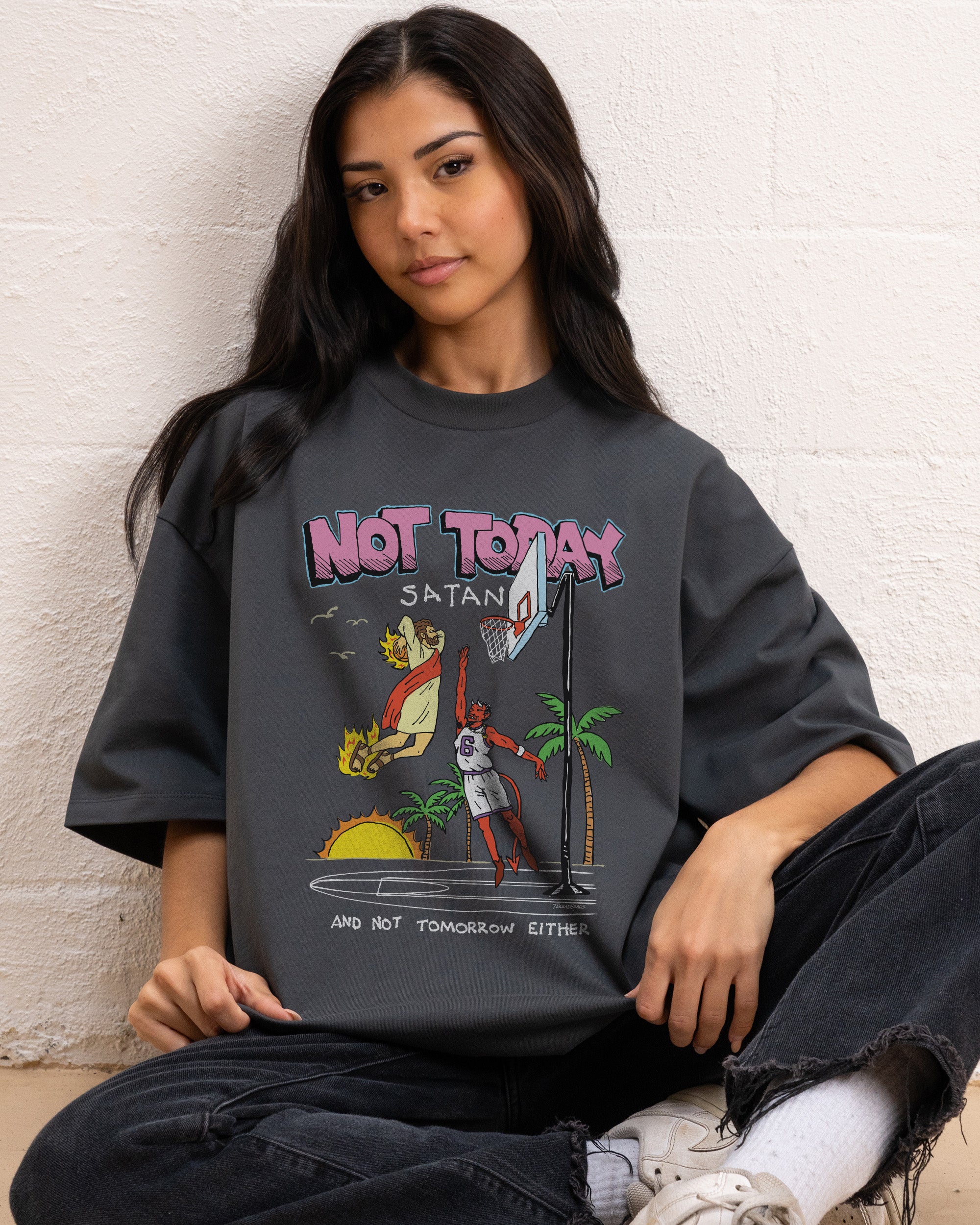 Not Today Satan Oversized Graphic Tee Unisex 100% Combed Cotton Heavyweight T-Shirt